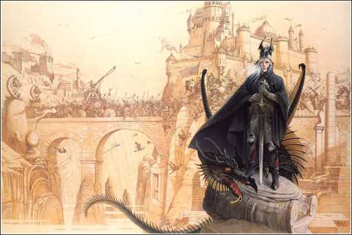 Elric of Melnibone poses with a fan, shortly before killing everyone on the bridge behind him.